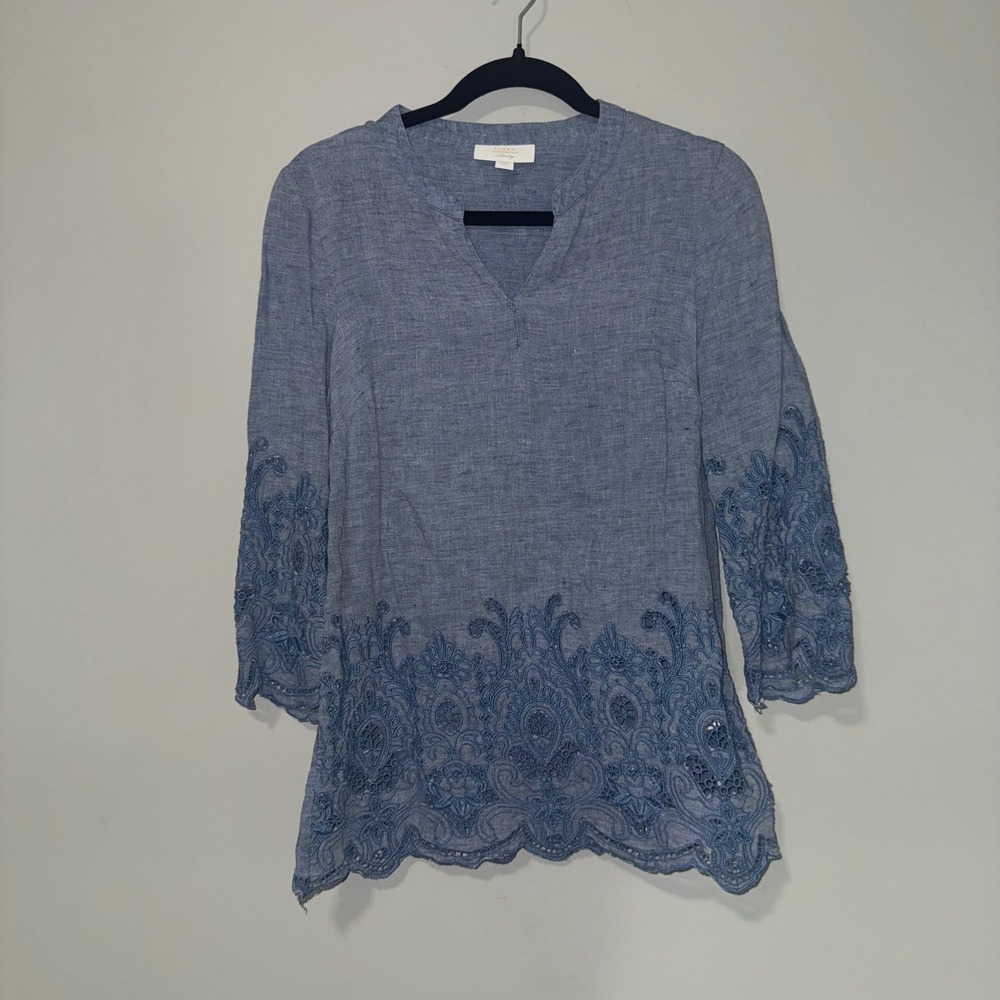 Charter Club Luxury Blue 100% Linen Embroidered Eyelet Tunic Top Small Womens‎